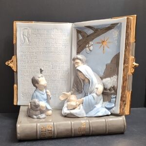 VGT,Holy Family Blue/White/Gray Ceramic Chrismas Nativity Set In Open Bible.